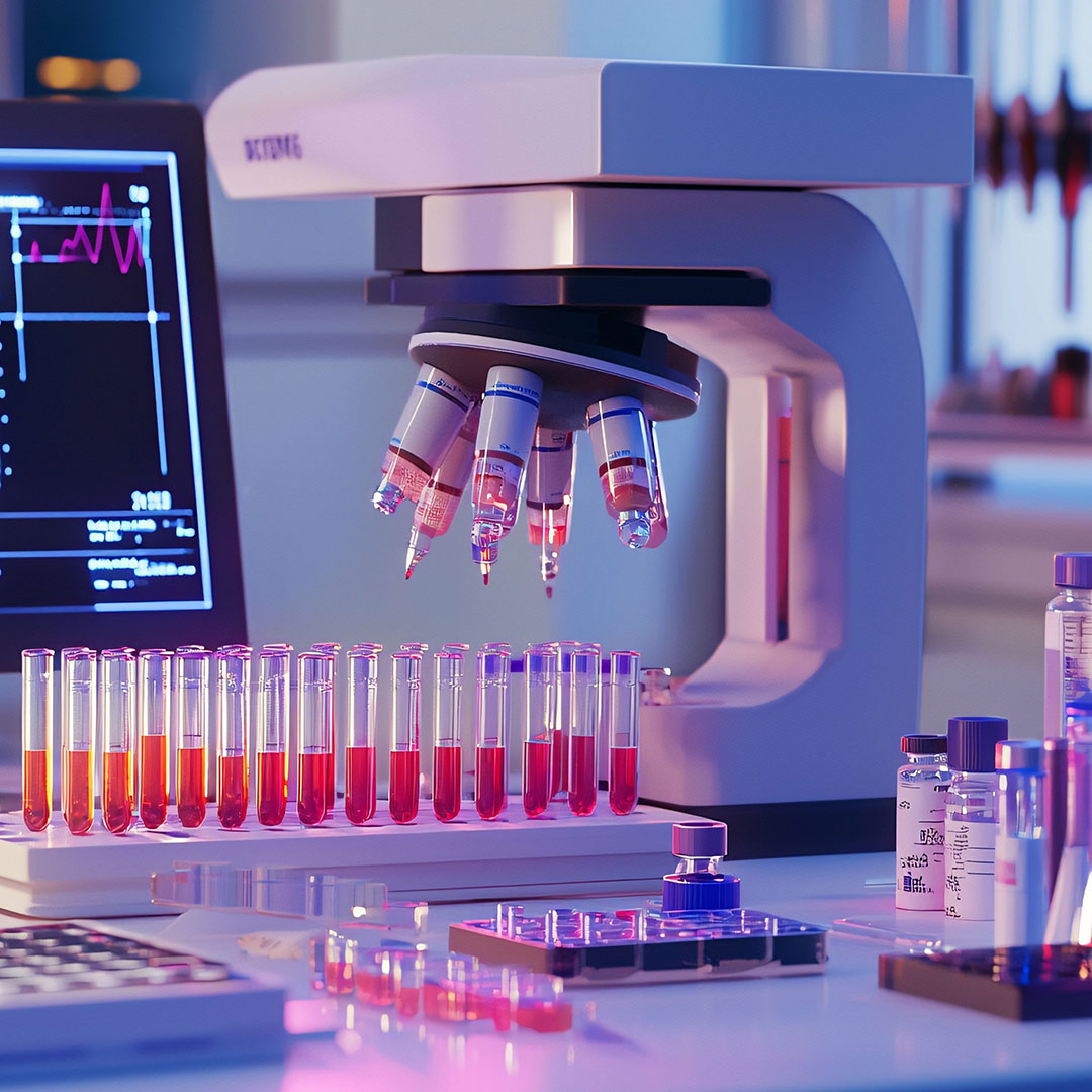 A laboratory scene showcases vials and charts analyzing estrogen levels, featuring advanced equipment that emphasizes scientific research in women's health and biology.